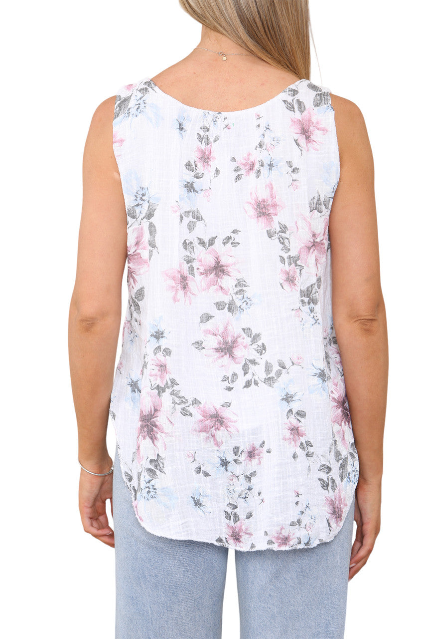 Ladies Flowers Print Sleeveless Vest Top White