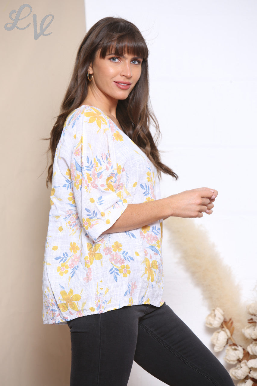 Ladies Ditsy Colourful Floral Top White