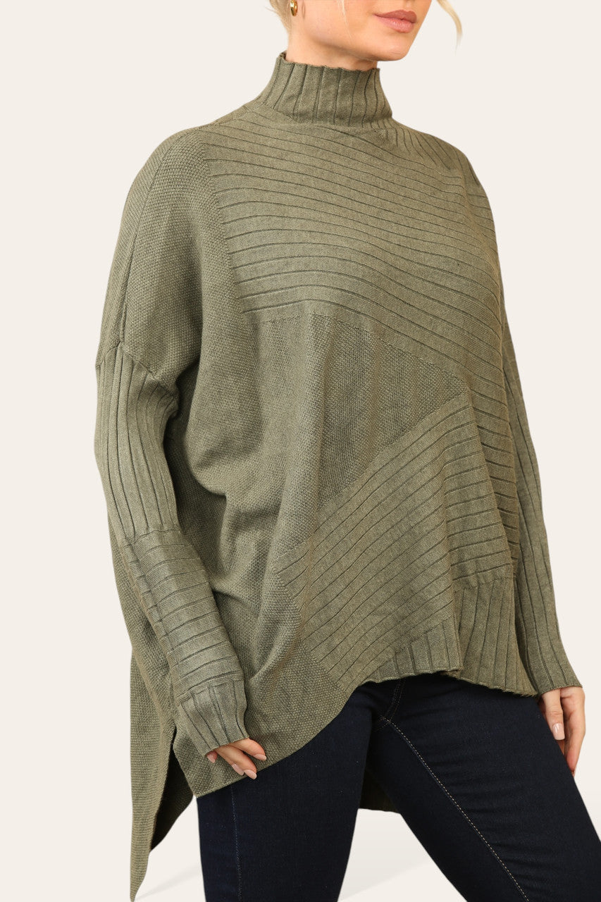 RIBBED ASYMMETRICAL HIGH NECK JUMPER KHAKI