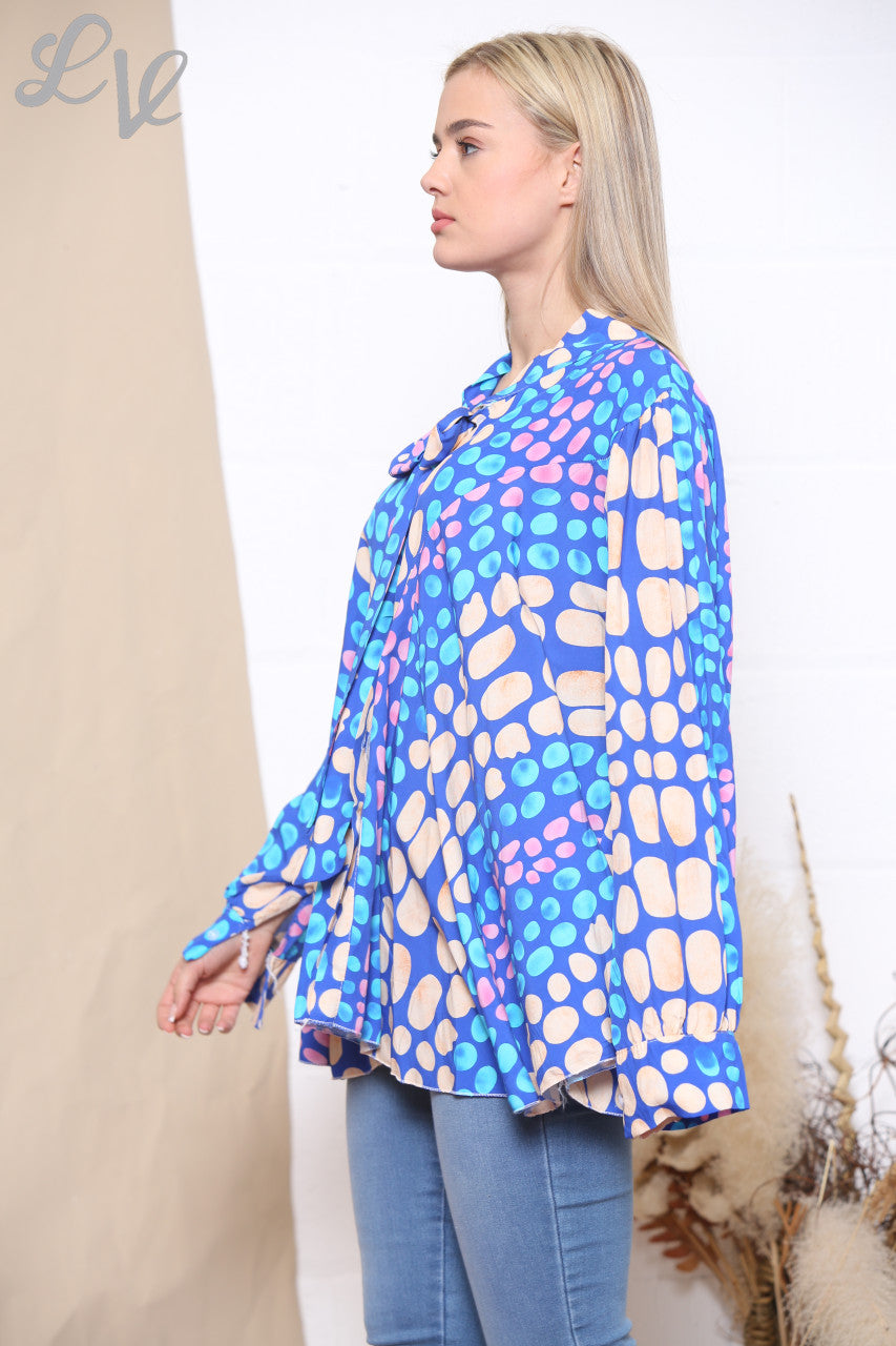 Dames Blouse met Polkadots, Strikkraag en Retro Stijl Koningsblauw