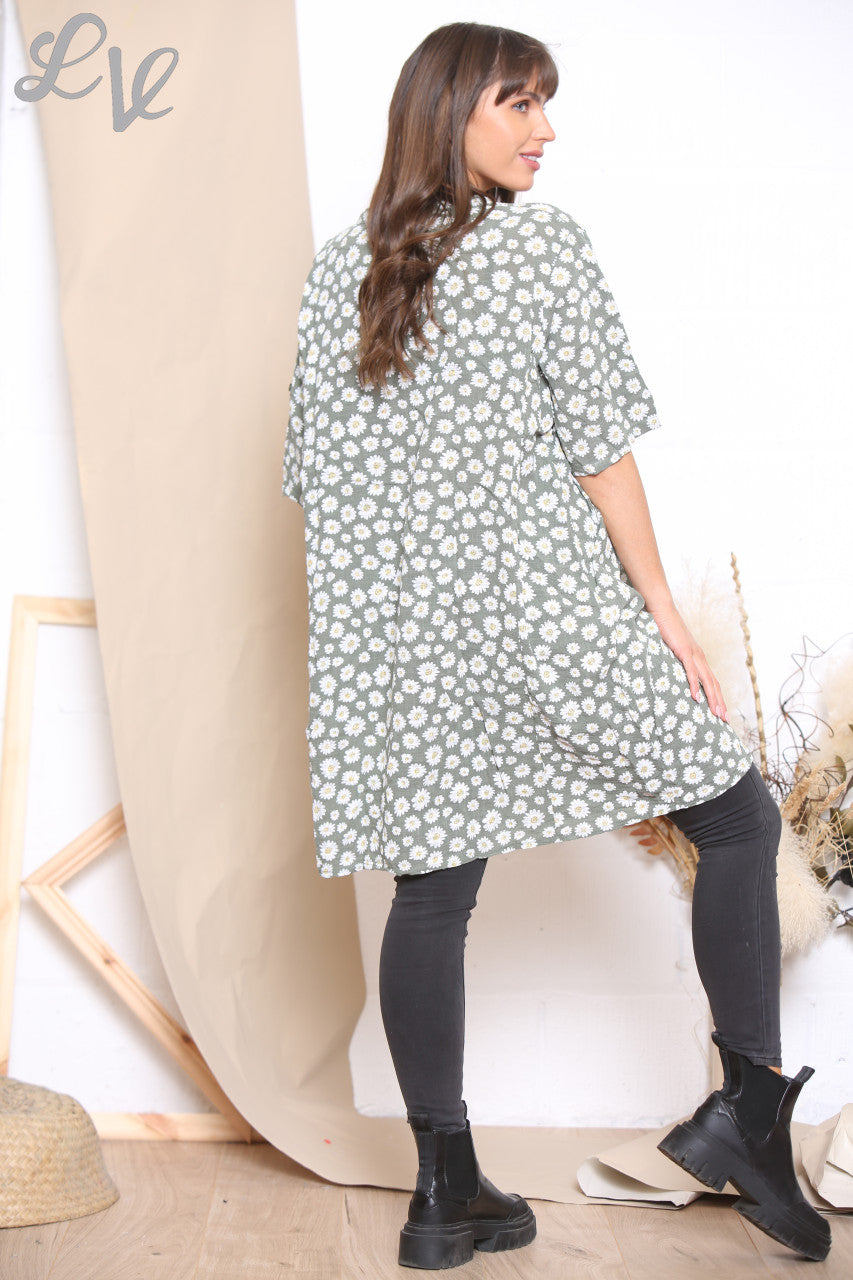 Ladies Daisy Ditsy Print Tunic Top Dress Khaki