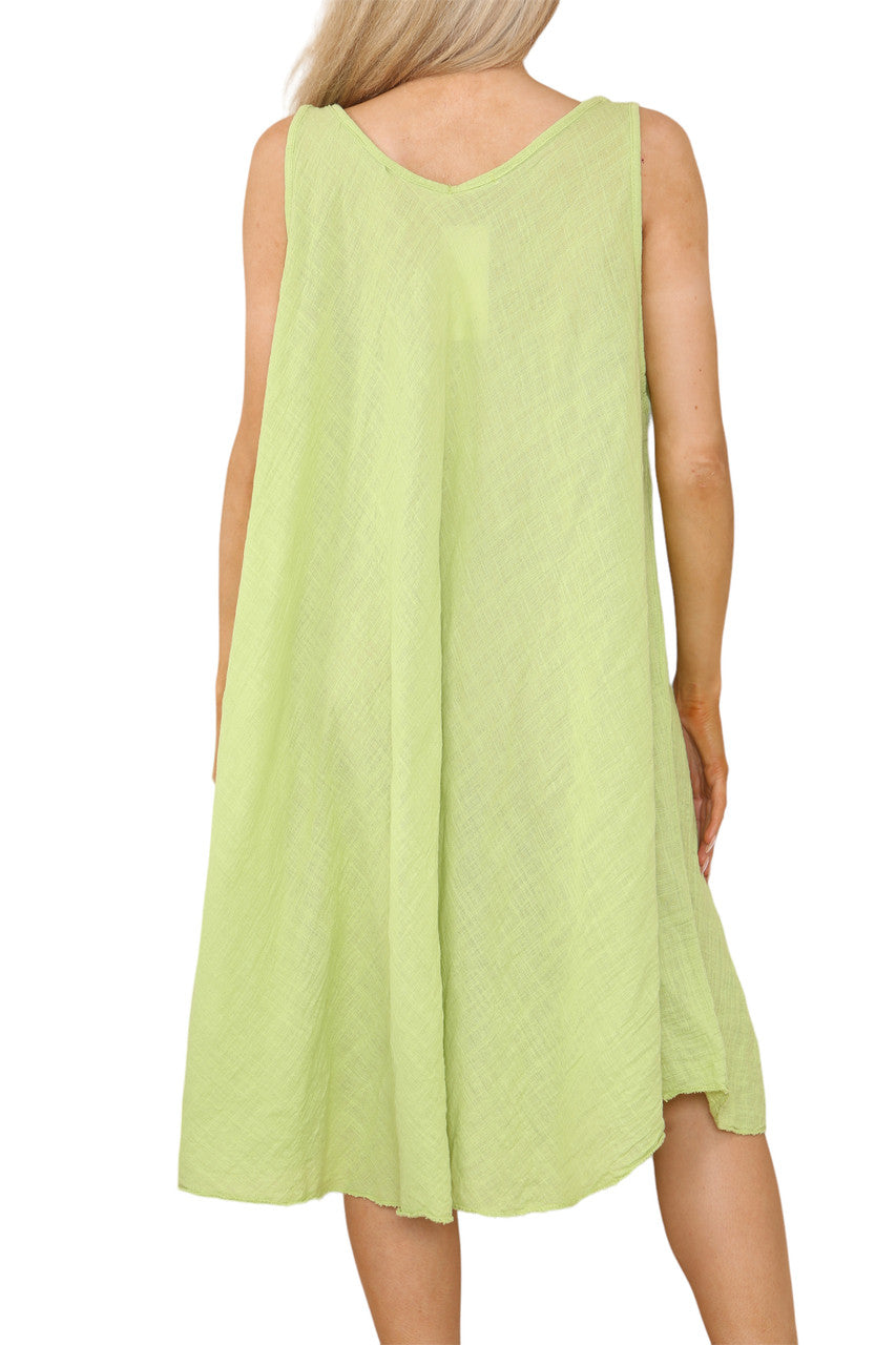 Ladies Plain V-Neck Hanky Hem Sleeveless Dress Lime