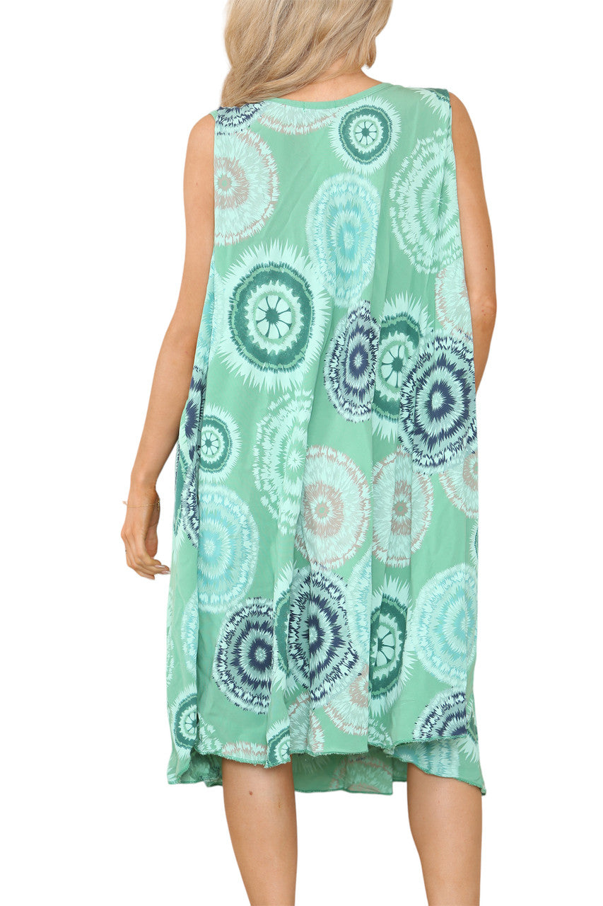 Ladies Tie Dye V-Neck Hanky Hem Sleeveless Dress Jade Green