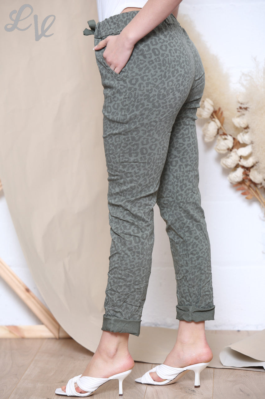 Ladies Animal Print Magic Trousers Pants Khaki