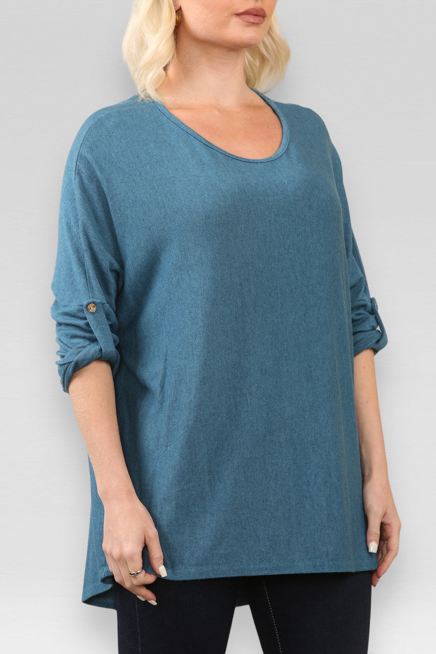 EFFEN BLOUSE MET LANGE MOUWEN FIJN GEBREIDE TRUI TOP BLAUWGROEN