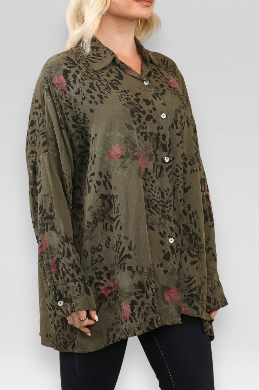 OVERHEMD MET FLORAAL EN DIERLIJKE MIXPRINT IN KHAKI