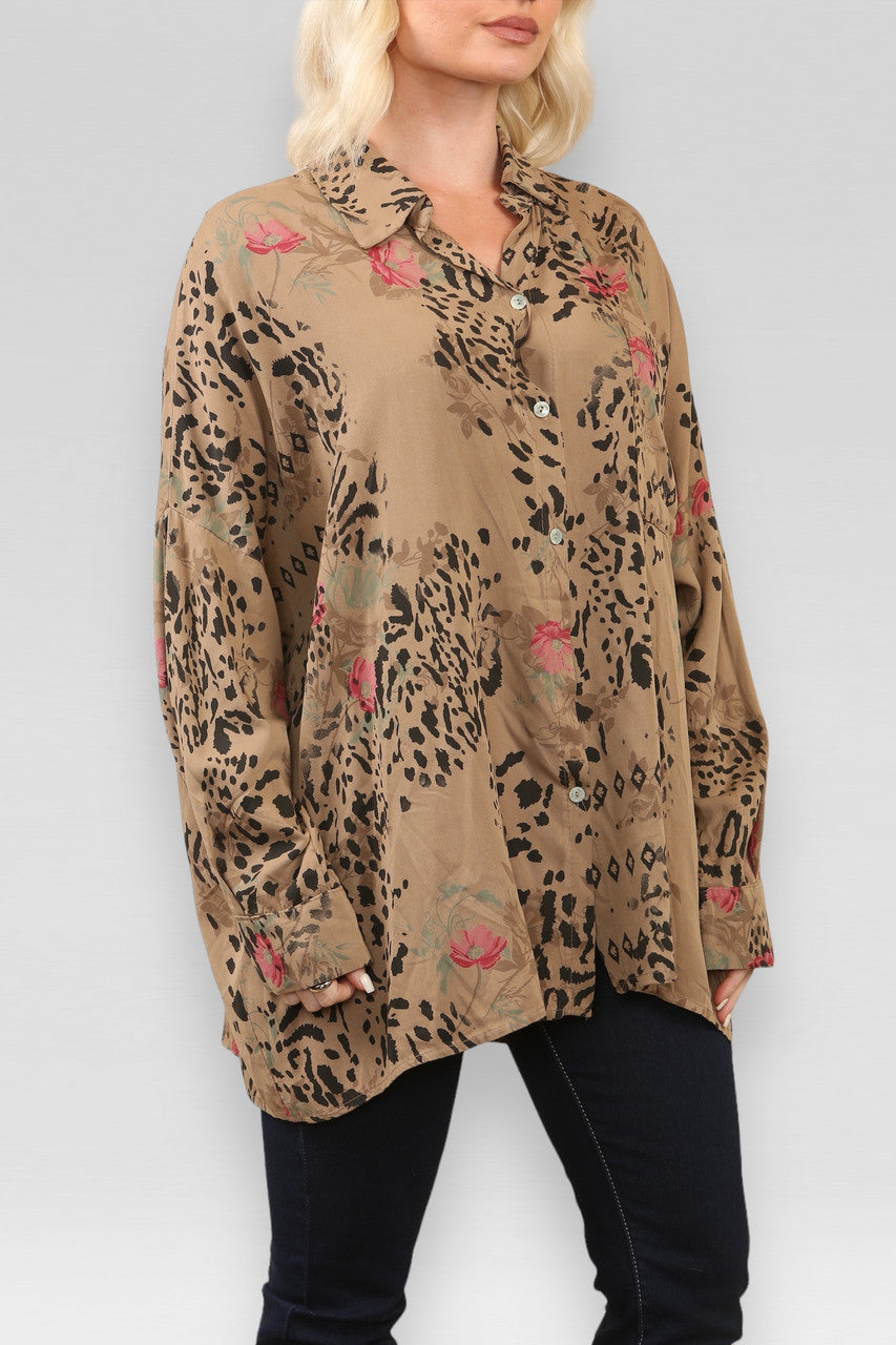 OVERHEMD MET BLOEMEN- EN DIERENPRINT - TAN