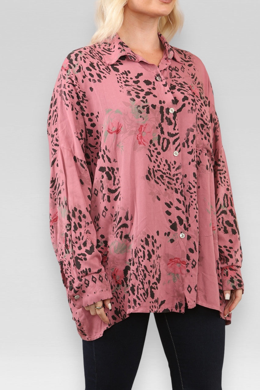 FLORAL ANIMAL MIX PRINT SHIRT PINK