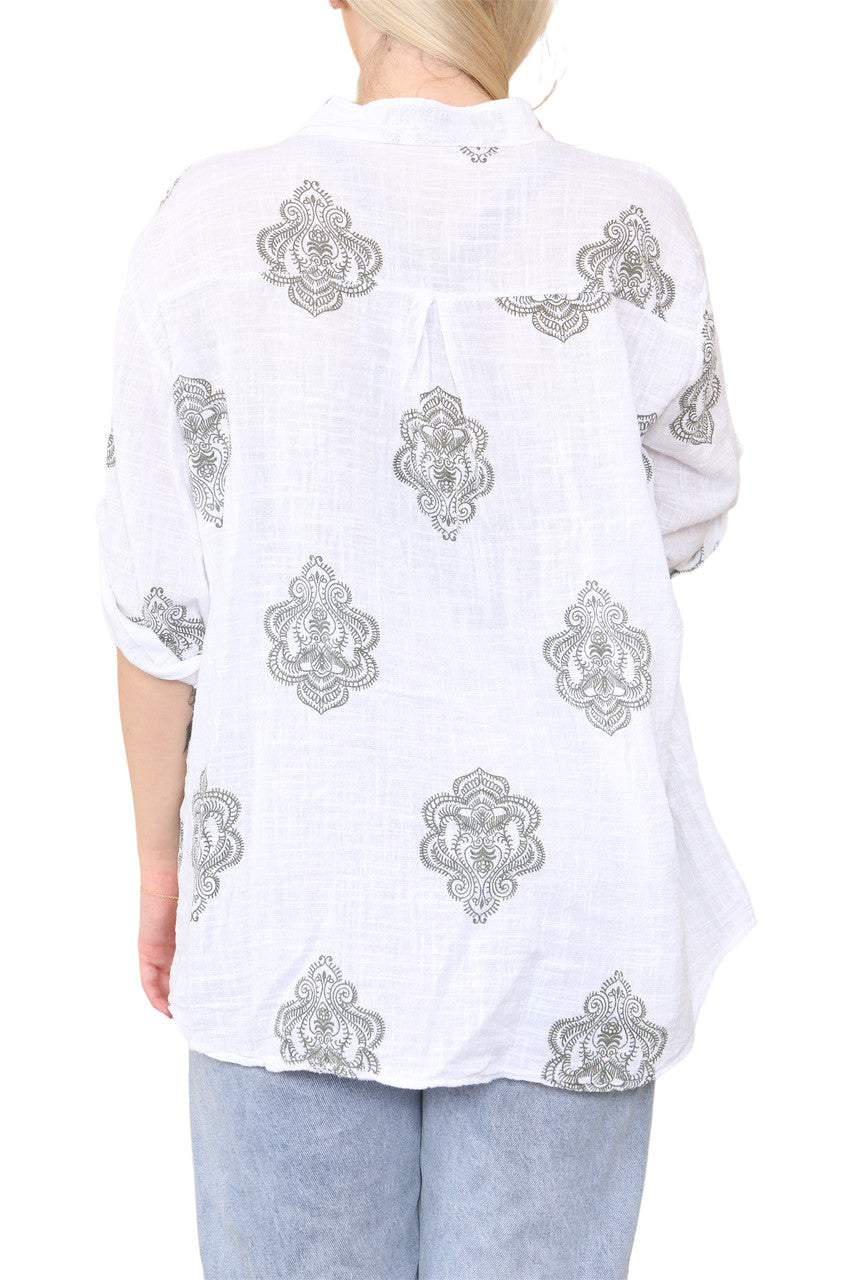 PAISLEY SIERLIJK MOTIEF PRINT GRANDAD SHIRT TOP KHAKI
