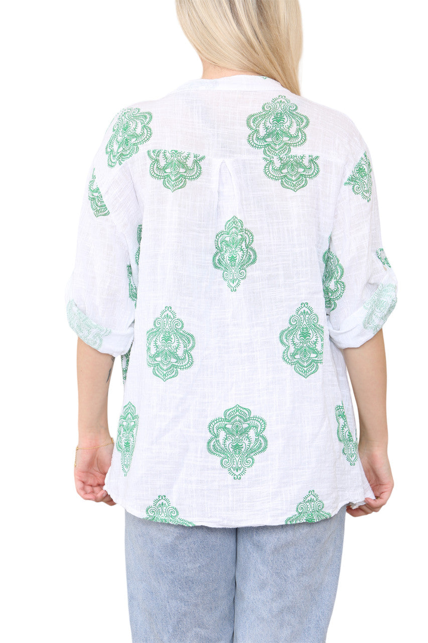 PAISLEY ORNAMENT PRINT GRANDAD SHIRT TOP GROEN