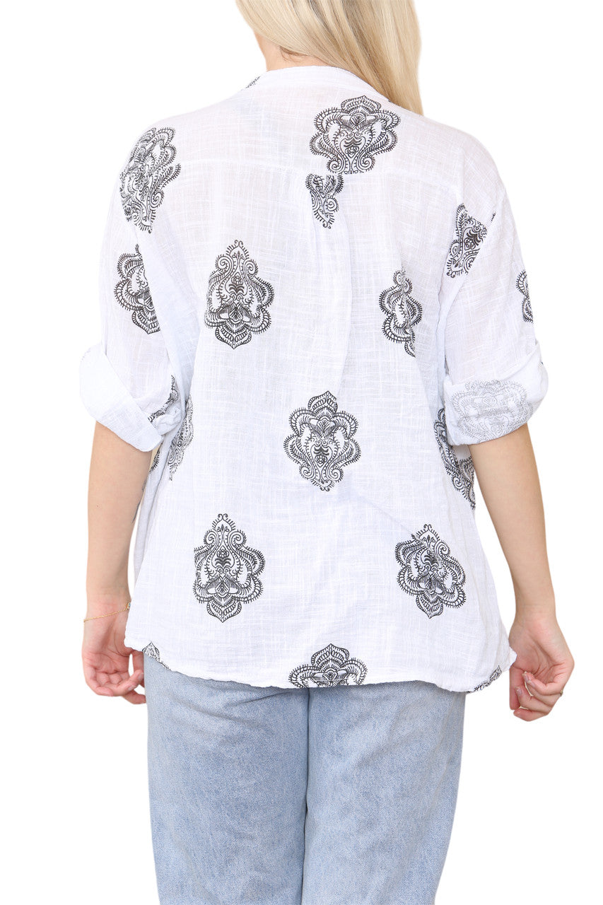PAISLEY ORNAMENTO PRINT GRANDAD SHIRT TOP BLACK