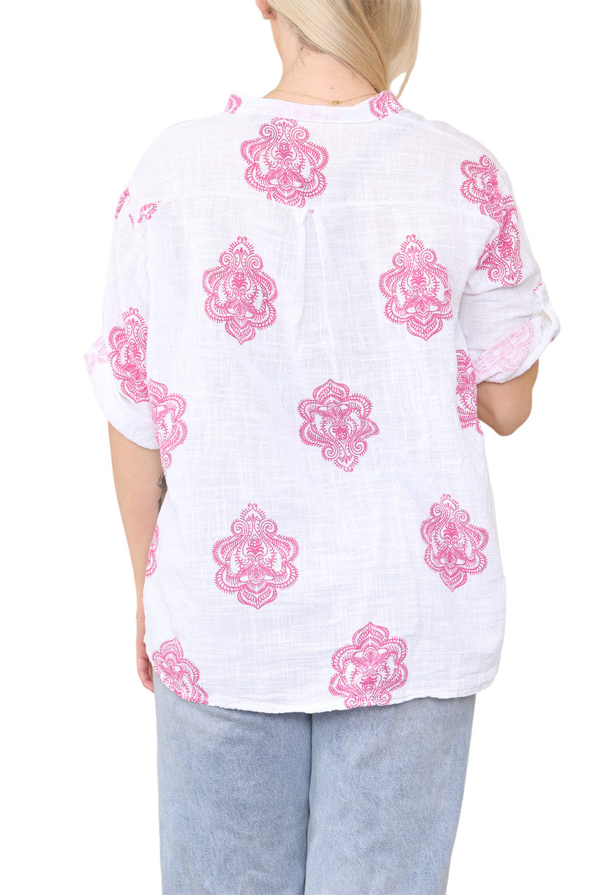 PAISLEY ORNAMENTO PRINT GRANDAD SHIRT TOP CERISE