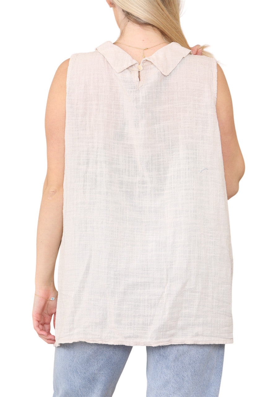 Ladies Cowl Neck Button Side Detail Sleeveless Vest Top Stone