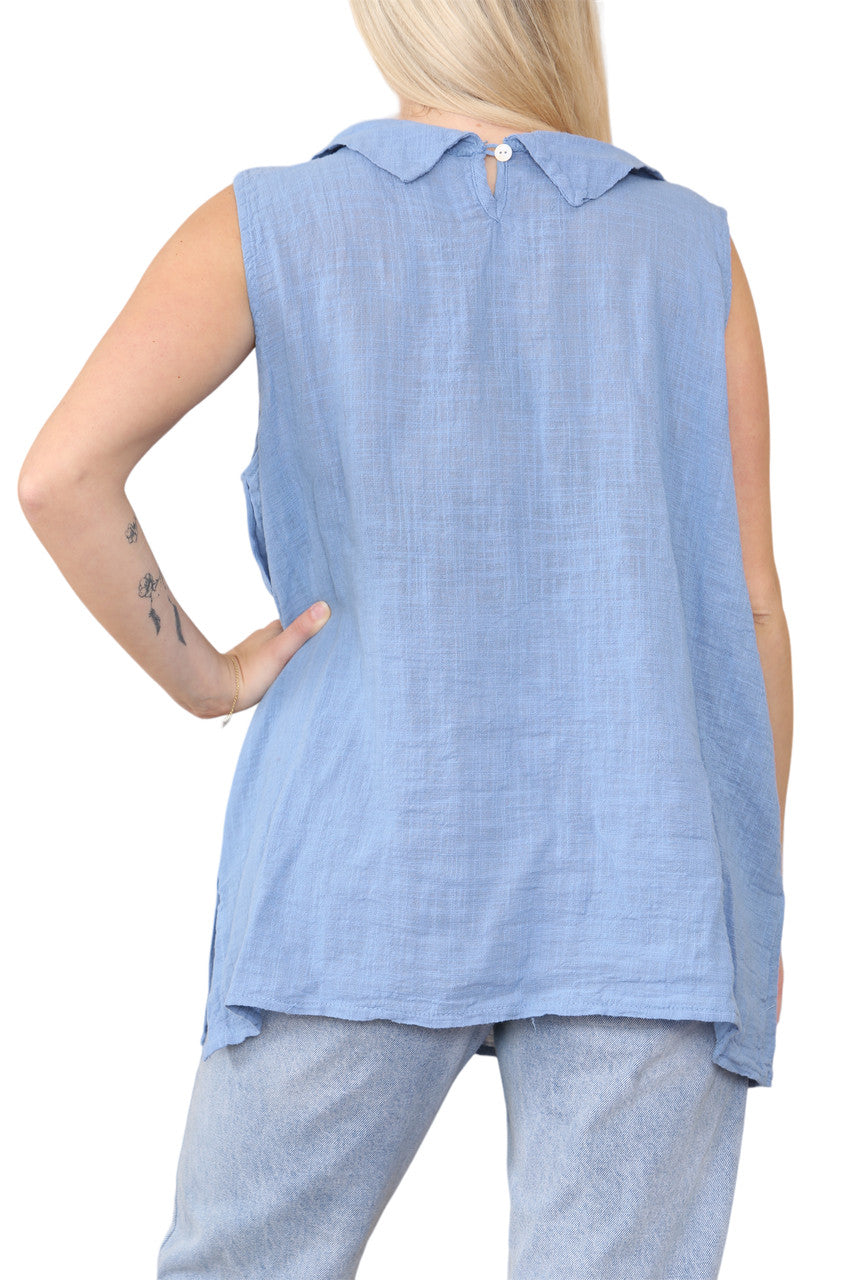Ladies Cowl Neck Button Side Detail Sleeveless Vest Top Denim