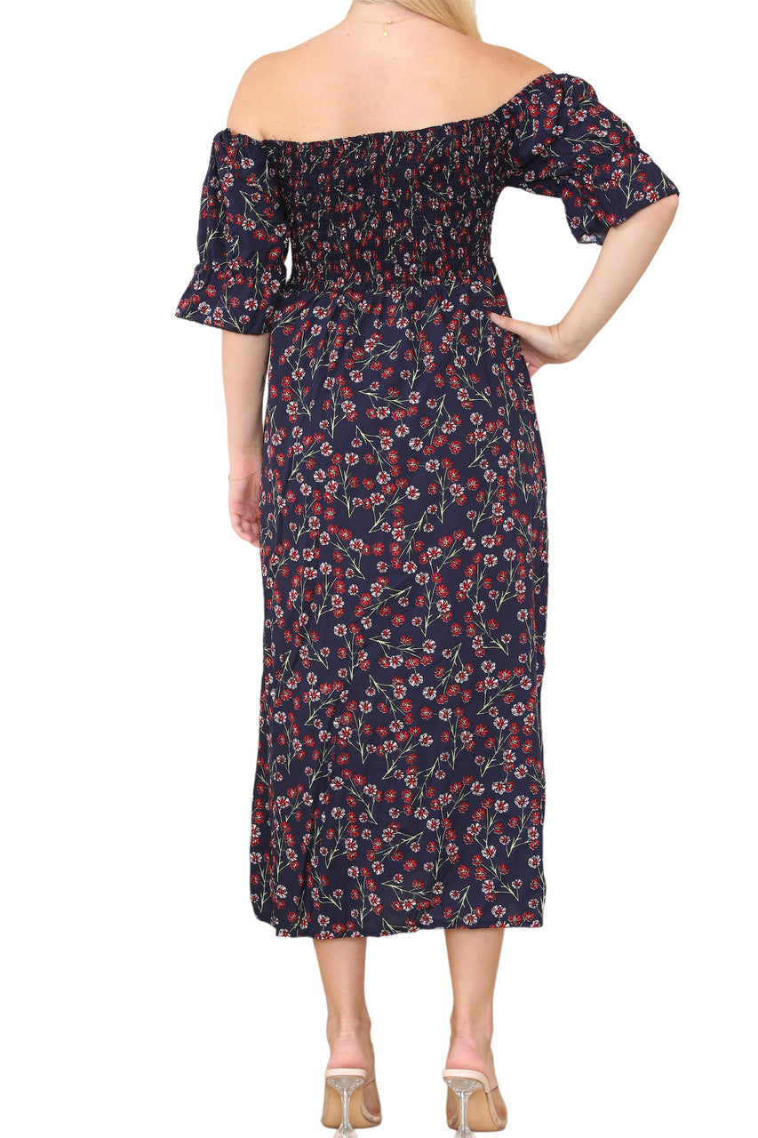 Ladies Shirred Floral Embroidery Print Dress Navy