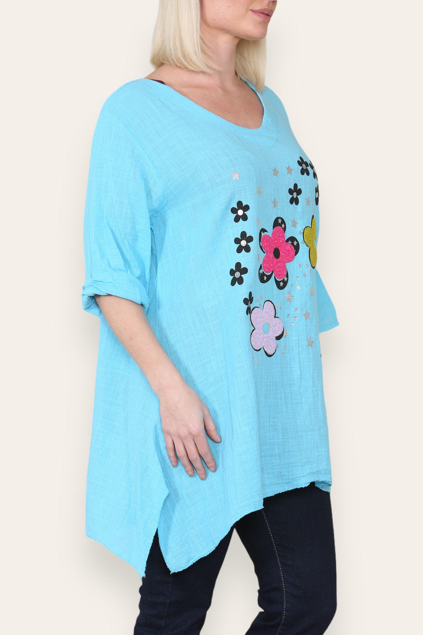 FLORAL STAMP PATCHWORK PRINT TOP TURQUOISE