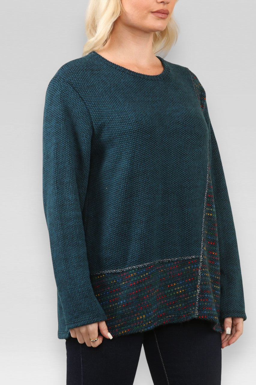 GEBREIDE TRUI MET PATCHWORK RUIMTEVAART MOTIEF, AQUAMARIJN