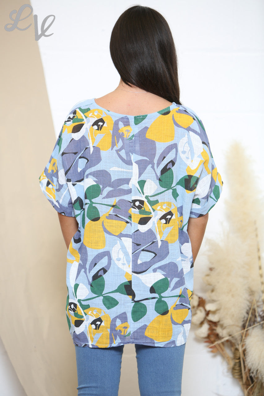 Ladies Leaf Mix Print Top Light Blue