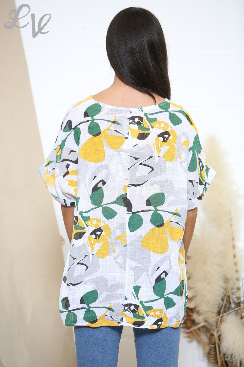 Ladies Leaf Mix Print Top White