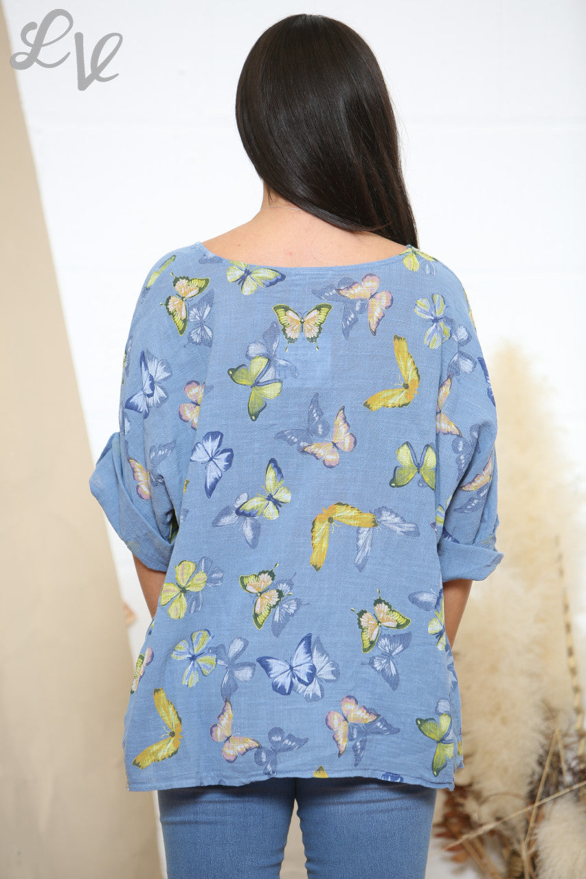 Ladies Butterfly Print Box Top Denim