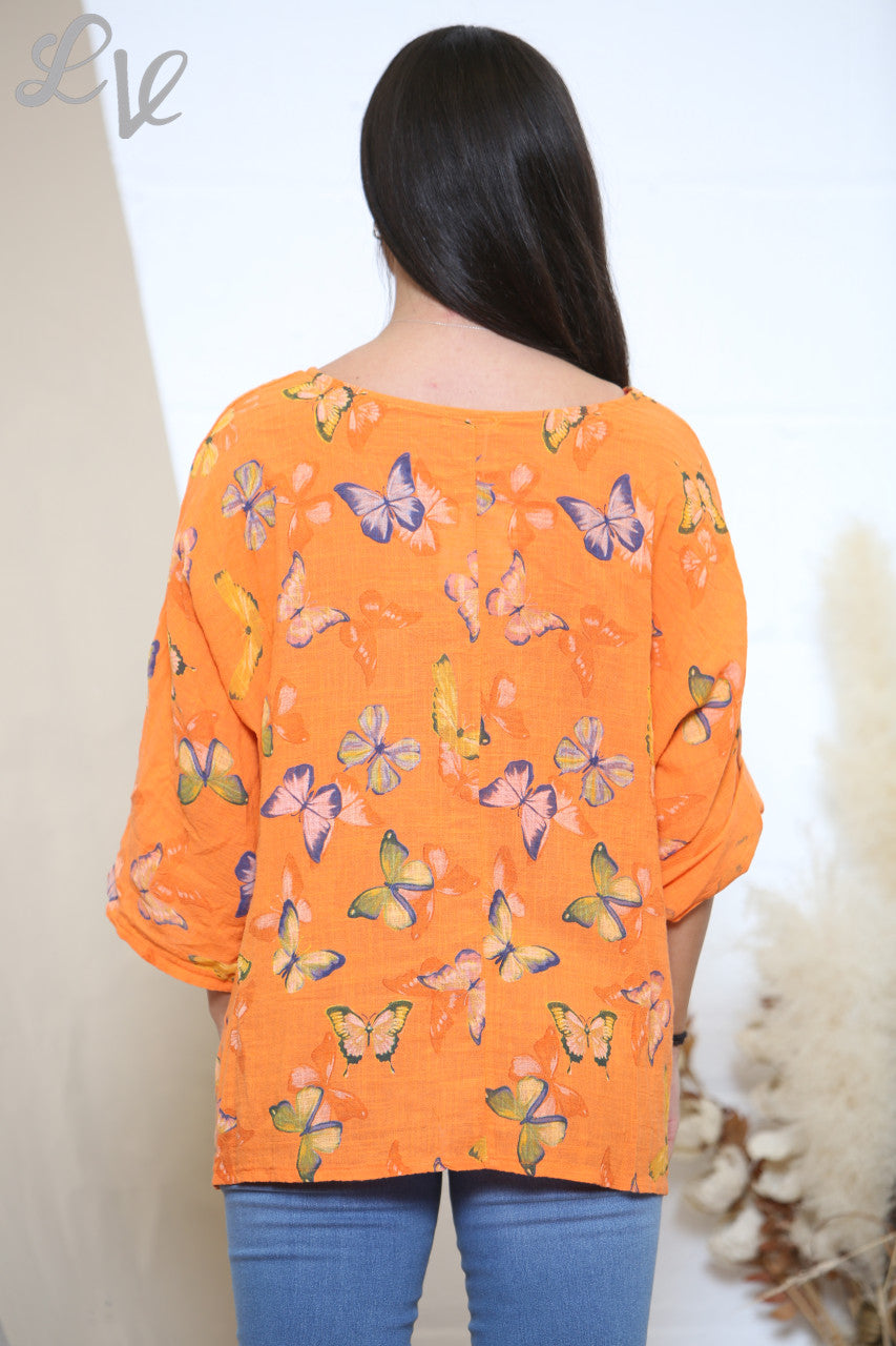 Ladies Butterfly Print Box Top Orange