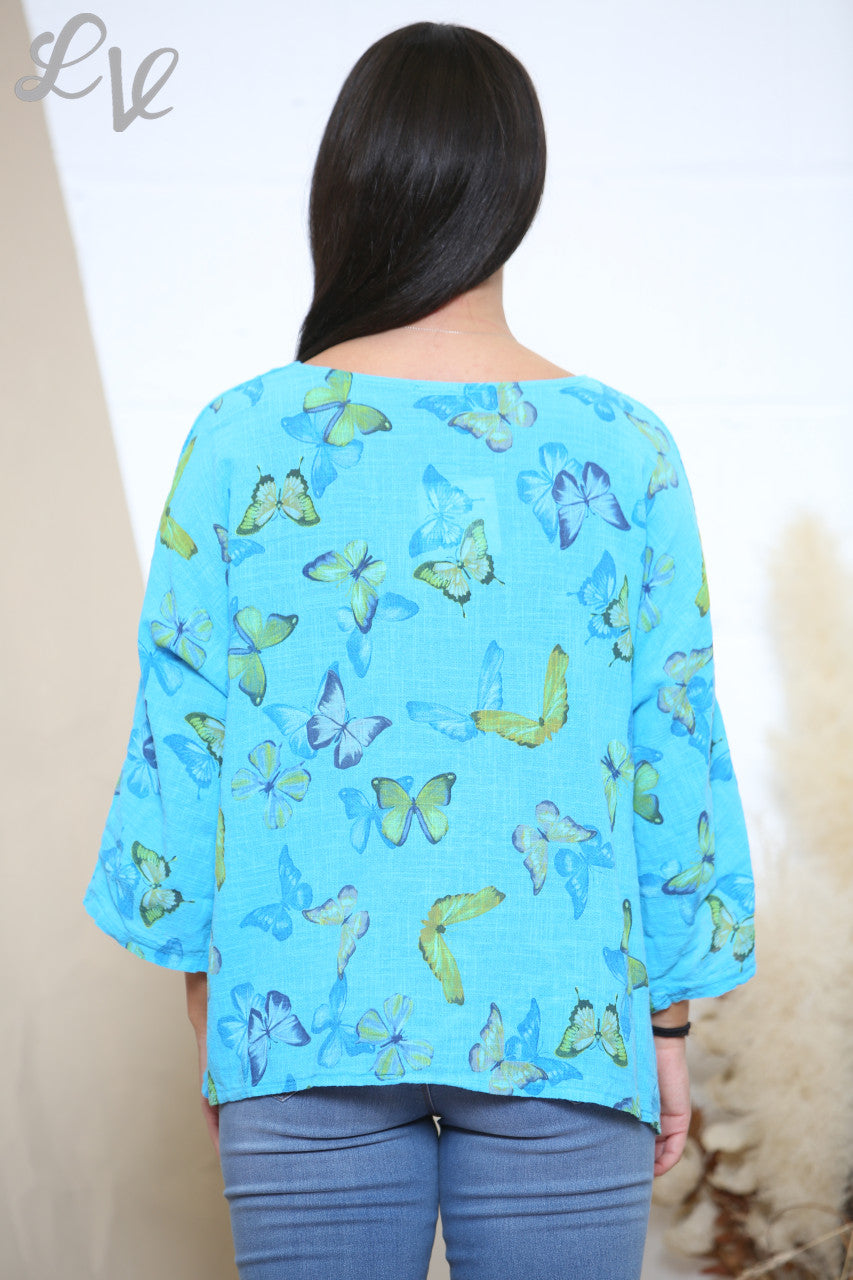 Ladies Butterfly Print Box Top Turquoise