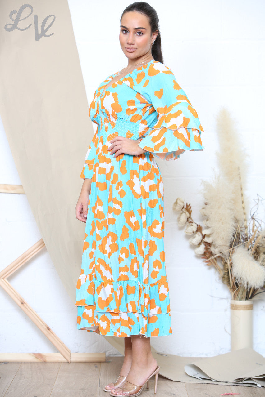 Ladies Animal Print Maxi Dress Turquoise