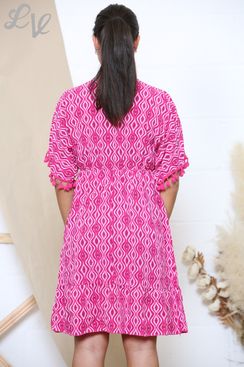 Ladies Aztec Print Tie Front Tassel Detail Dress Cerise