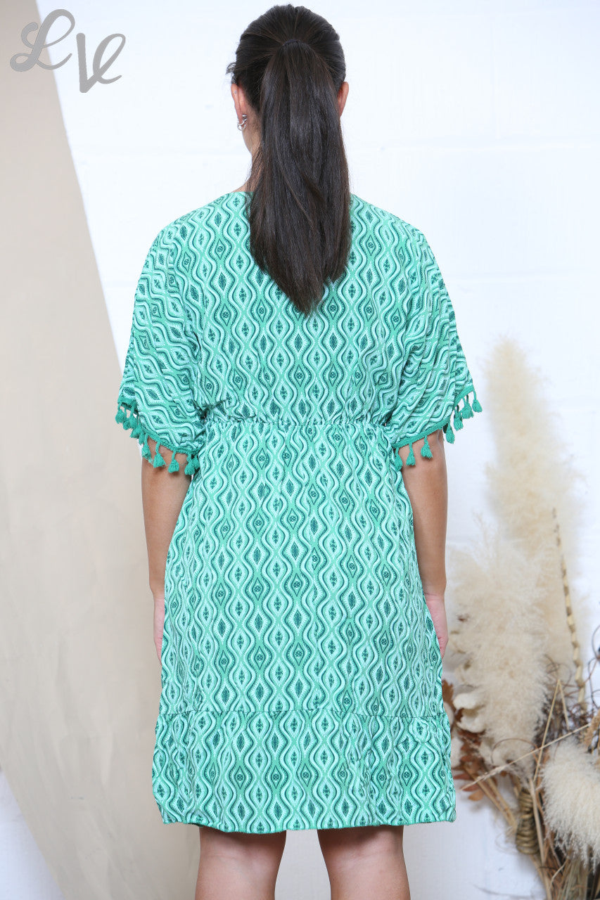 Ladies Aztec Print Tie Front Tassel Detail Dress Teal Green