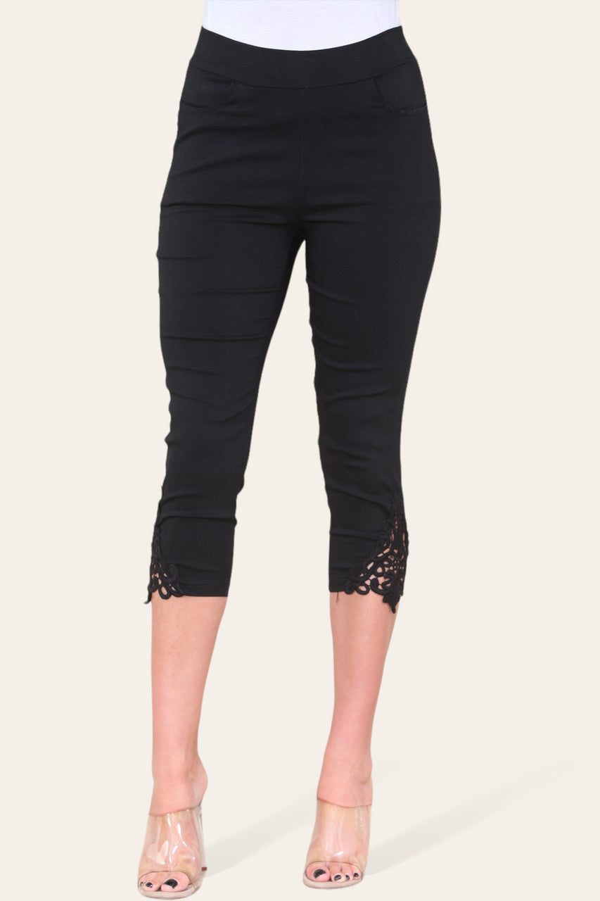 STRETCH KANTEN ZOOM CAPRI BROEK LEGGING - ZWART