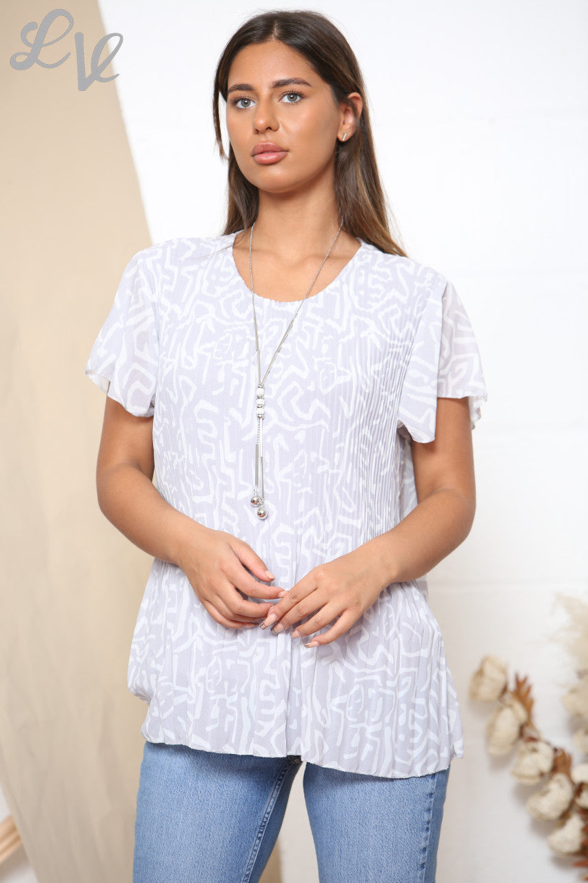Dames korte mouw gebloemde geplooide blouse top grijs