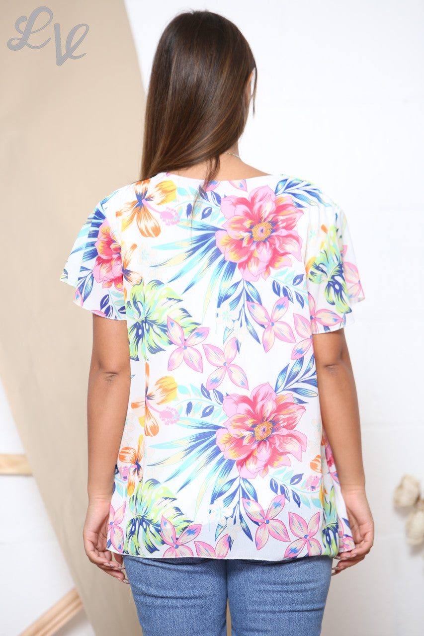 Ladies Short Sleeve Tropical Print Pleated Blouse Top White
