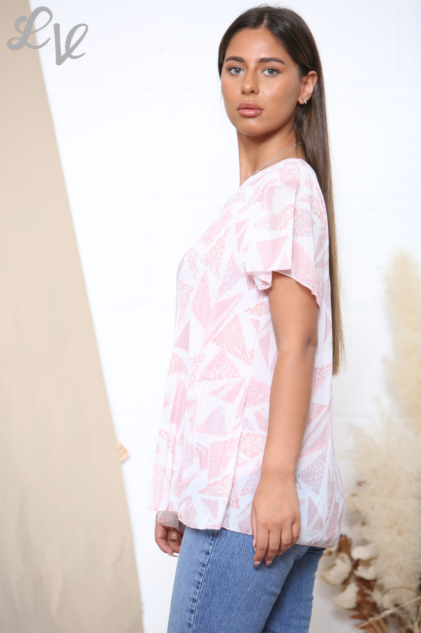 Dames Korte Mouw Diamanten Print Geplooide Blouse Top Oudroze