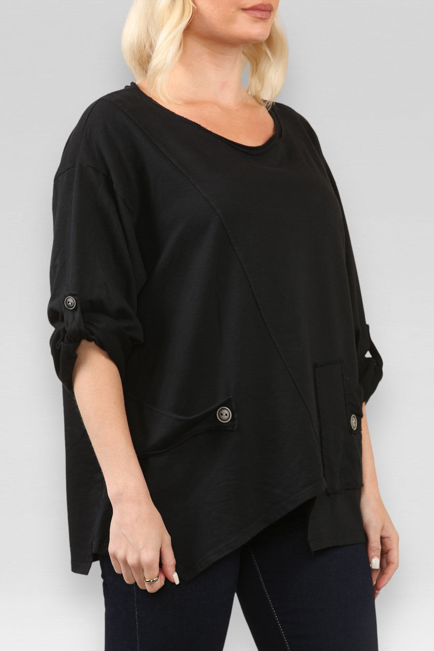 ZWARTE SWEATSHIRT TOP MET ZAK EN NAAIDETAILS