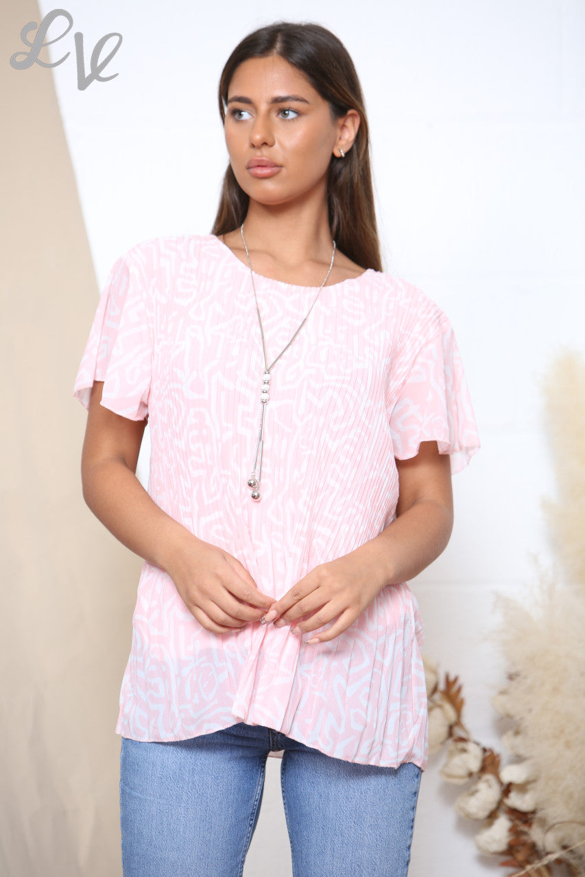 Ladies Short Sleeve Scribble Print Pleated Blouse Top Dusty Pink