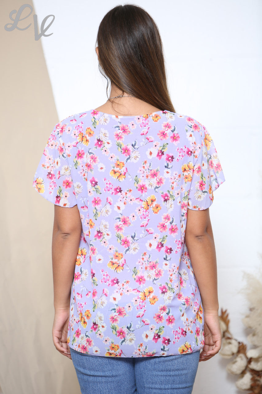 Ladies Short Sleeve Ditsy Floral Print Pleated Blouse Top Lilac