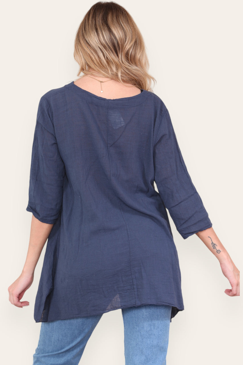 FLORAL STAMP PATCHWORK PRINT TOP NAVY