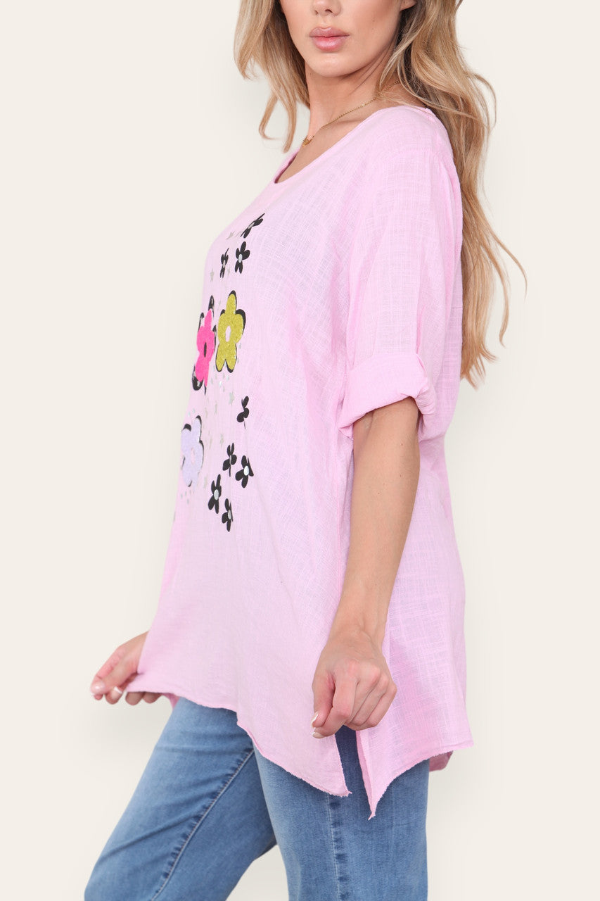 FLORAL STAMP PATCHWORK PRINT TOP DUSTY PINK