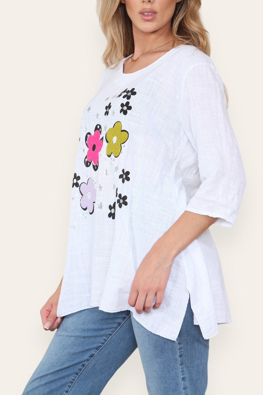 FLORAL STAMP PATCHWORK PRINT TOP WHITE