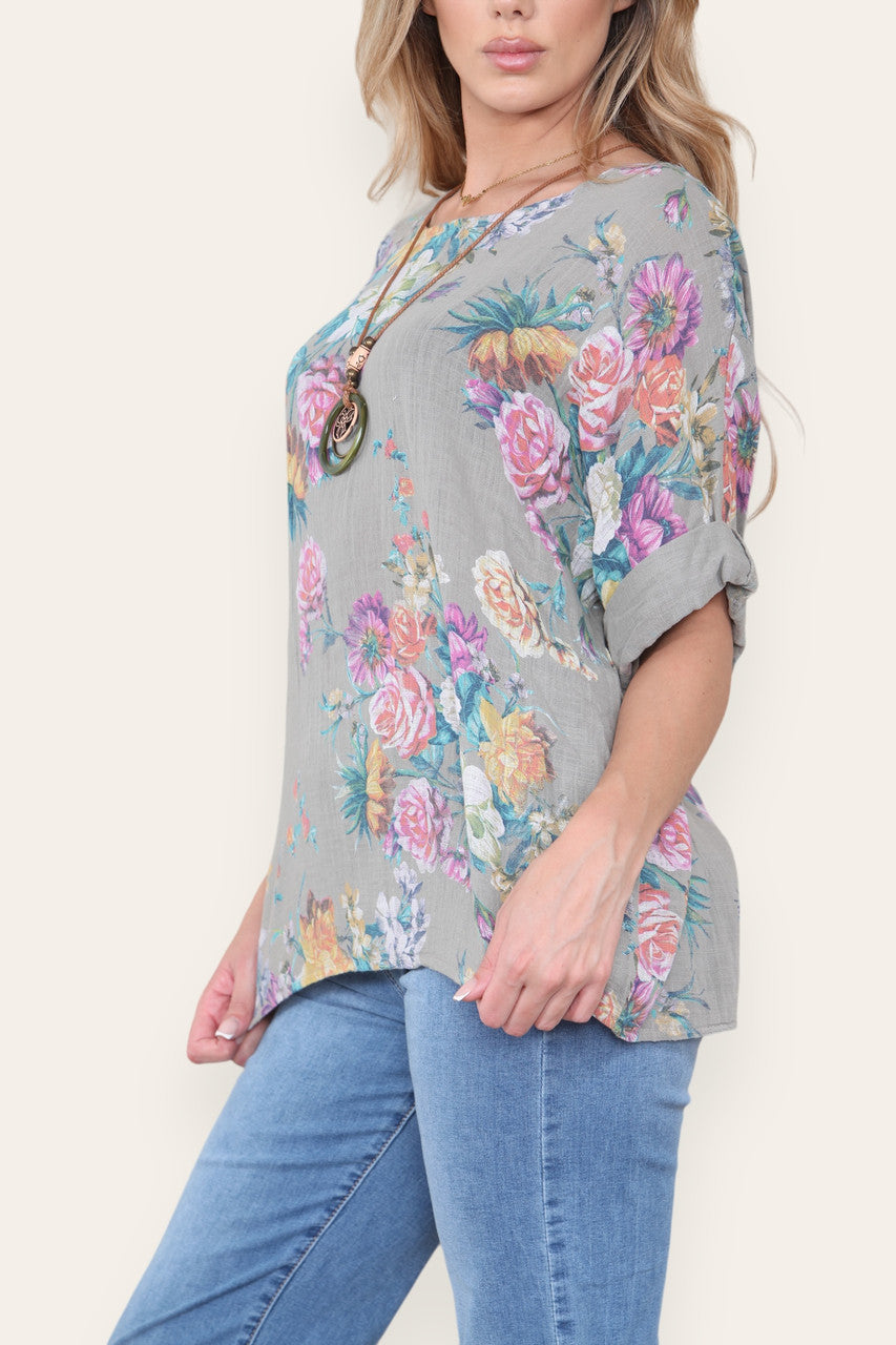 FLORAL MIX PRINT TOP TAUPE