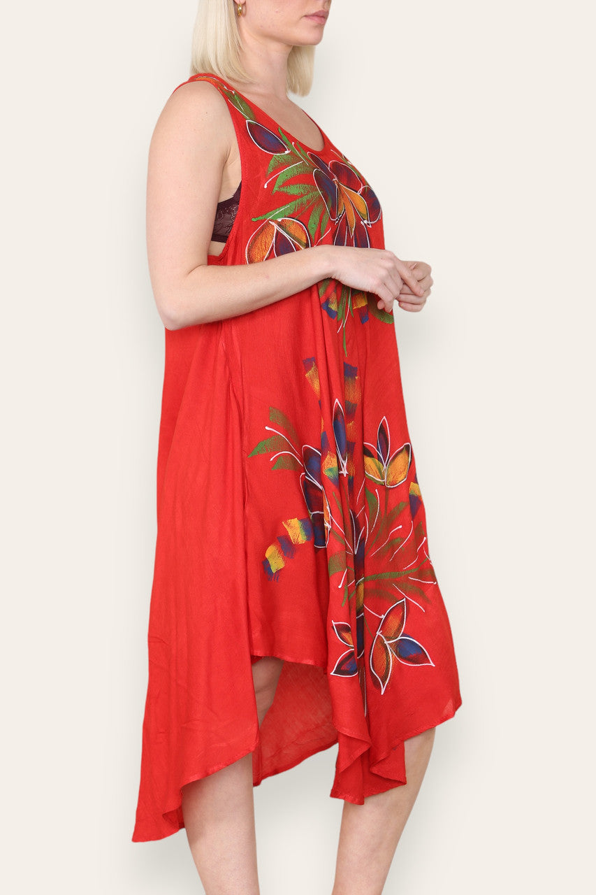 FLORAL LEAF PRINT SLEEVELESS UMBRELLA DRESS RED