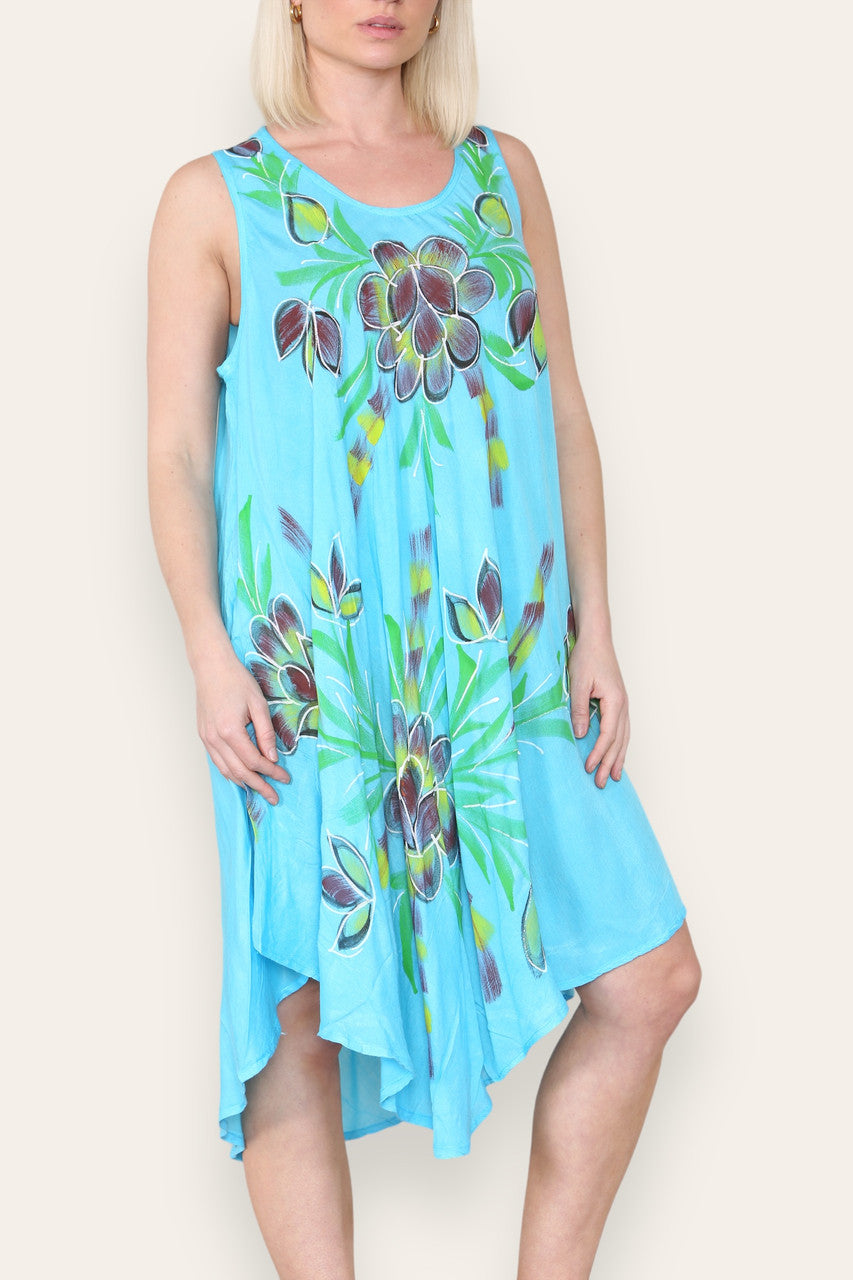 FLORAL LEAF PRINT SLEEVELESS UMBRELLA DRESS TURQUOISE