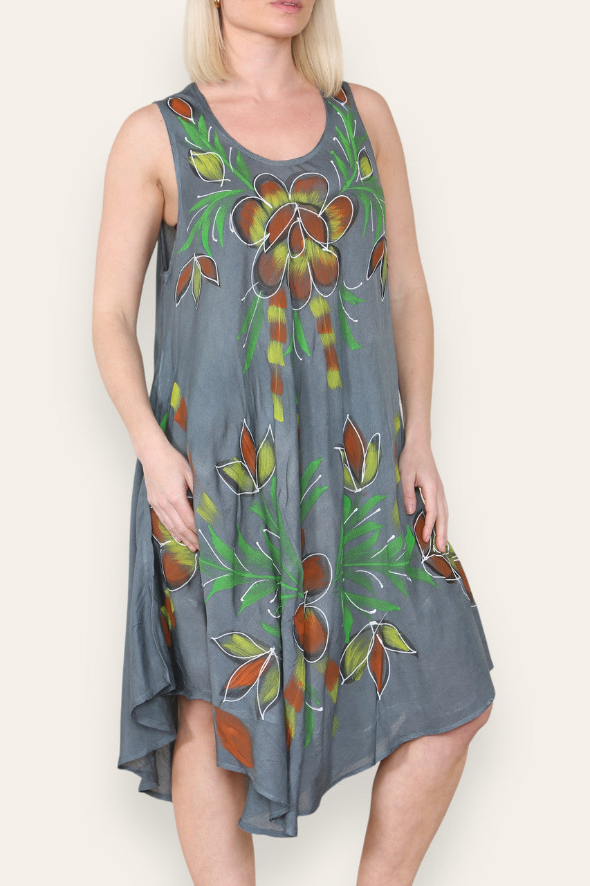 FLORAL LEAF PRINT SLEEVELESS UMBRELLA DRESS CHARCOAL