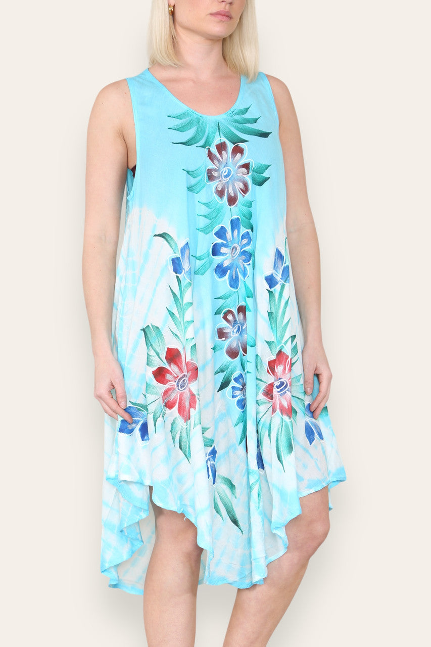 FLORAL PRINT SLEEVELESS UMBRELLA DRESS TURQUOISE