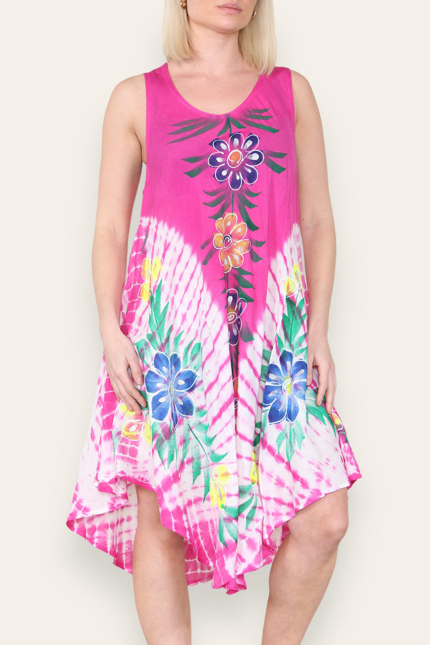 JURK ZONDER MOUWEN MET BLOEMENPRINT EN PARAPLUROK CERISE