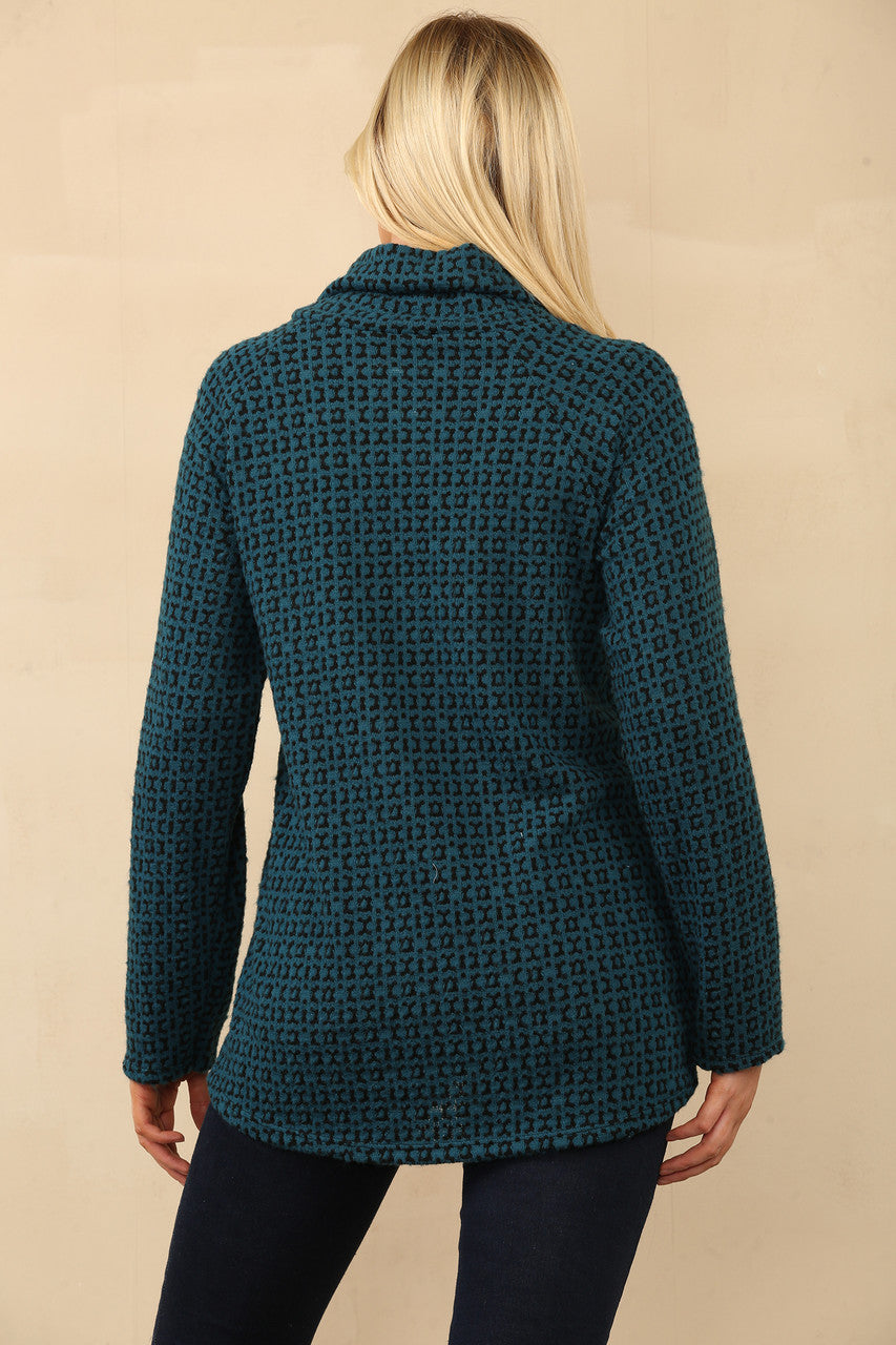 BEDRUKTE GEBREIDE TRUI MET RITS HALS TEAL