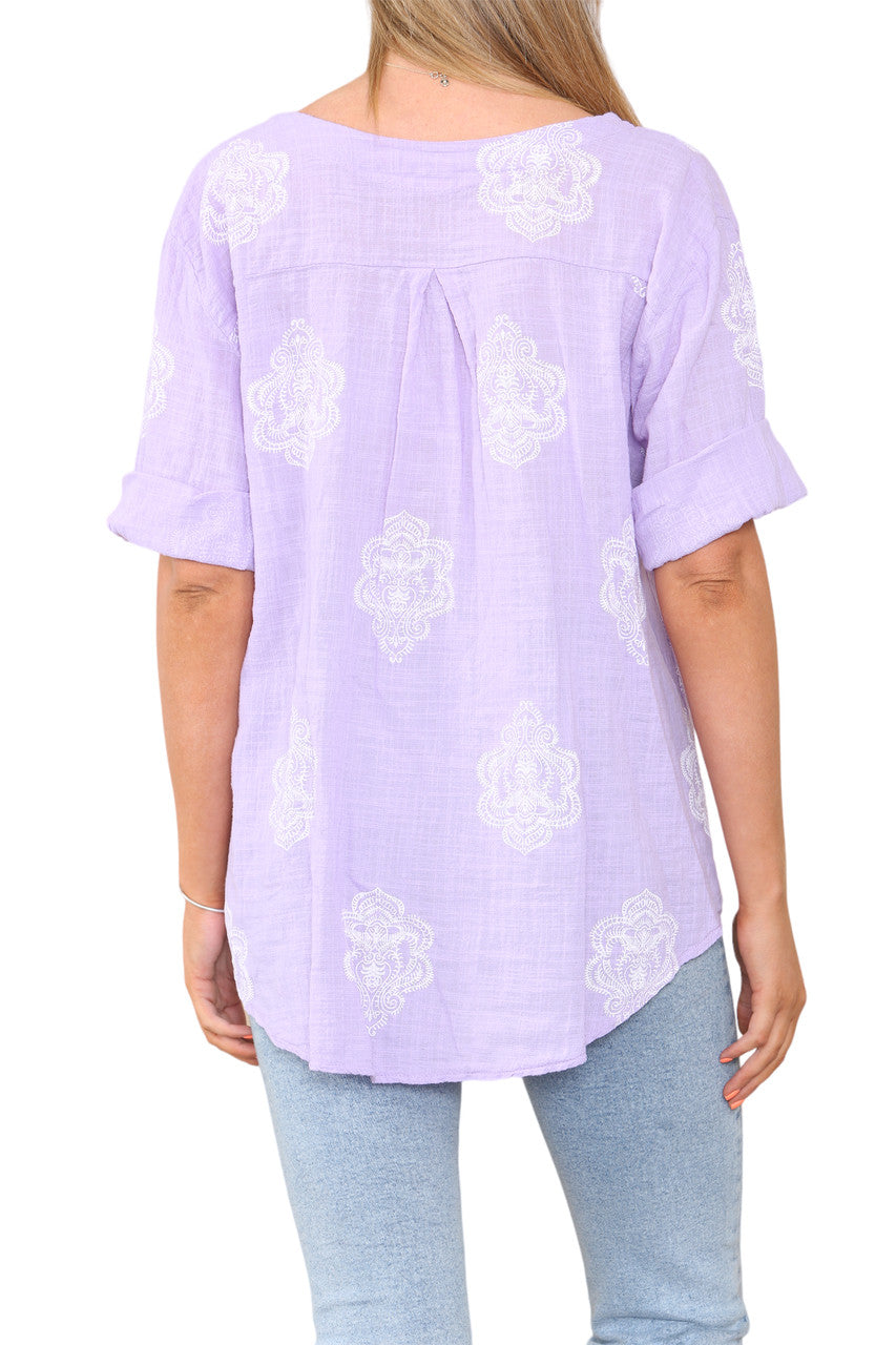 Ladies Paisley Ornamento Print Grandad Collar Top Lilac