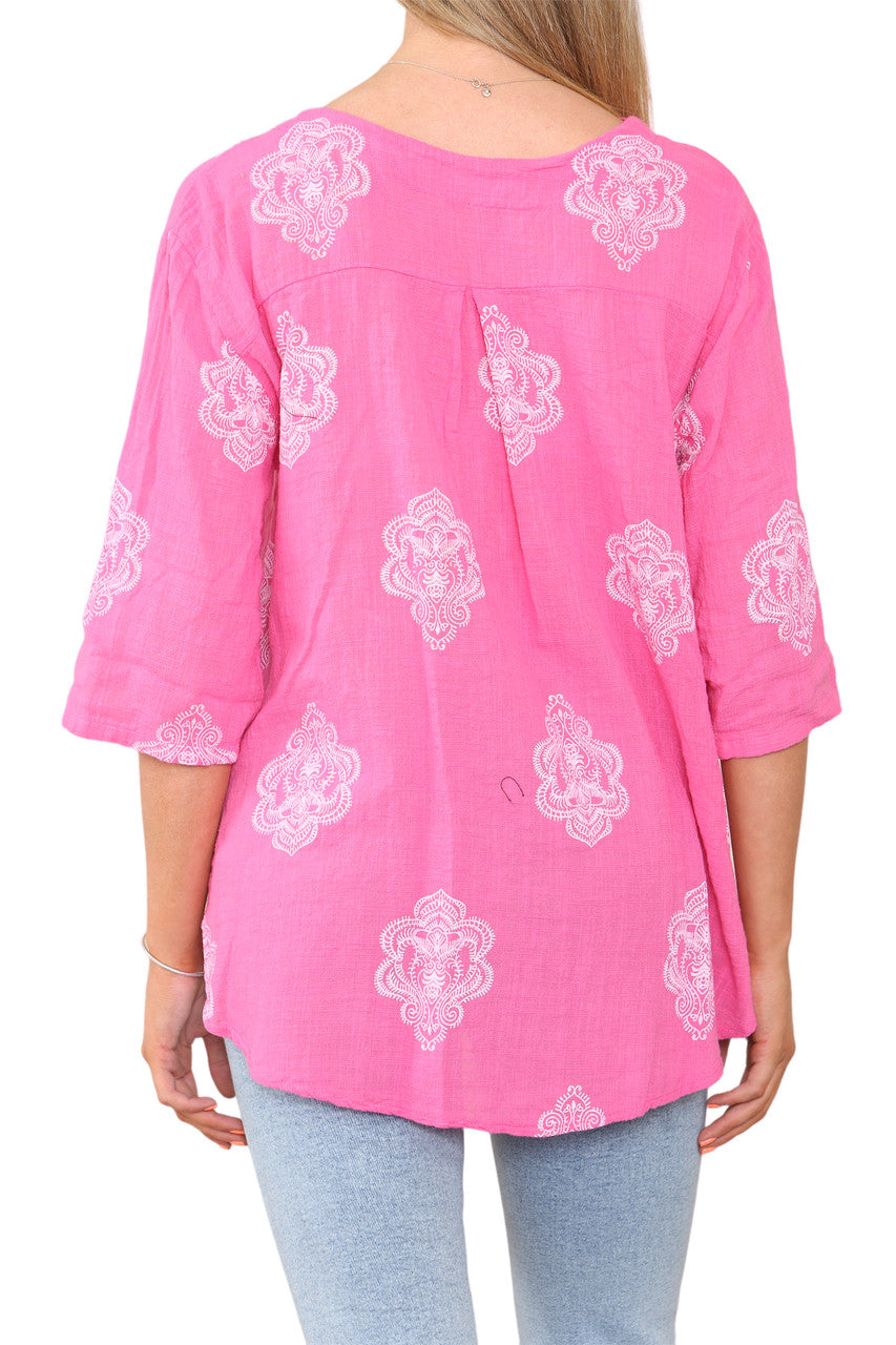 Dames Paisley Ornamentprint Grandad Kraag Top Cerise
