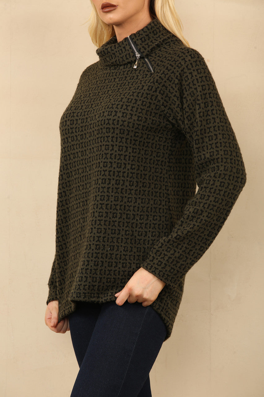 GEBREIDE TRUI MET RITS EN PRINT KHAKI