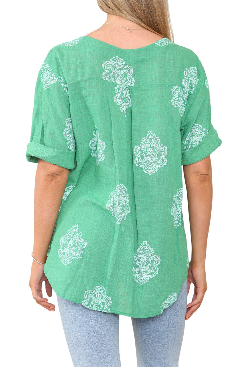 Ladies Paisley Ornamento Print Grandad Collar Top Green